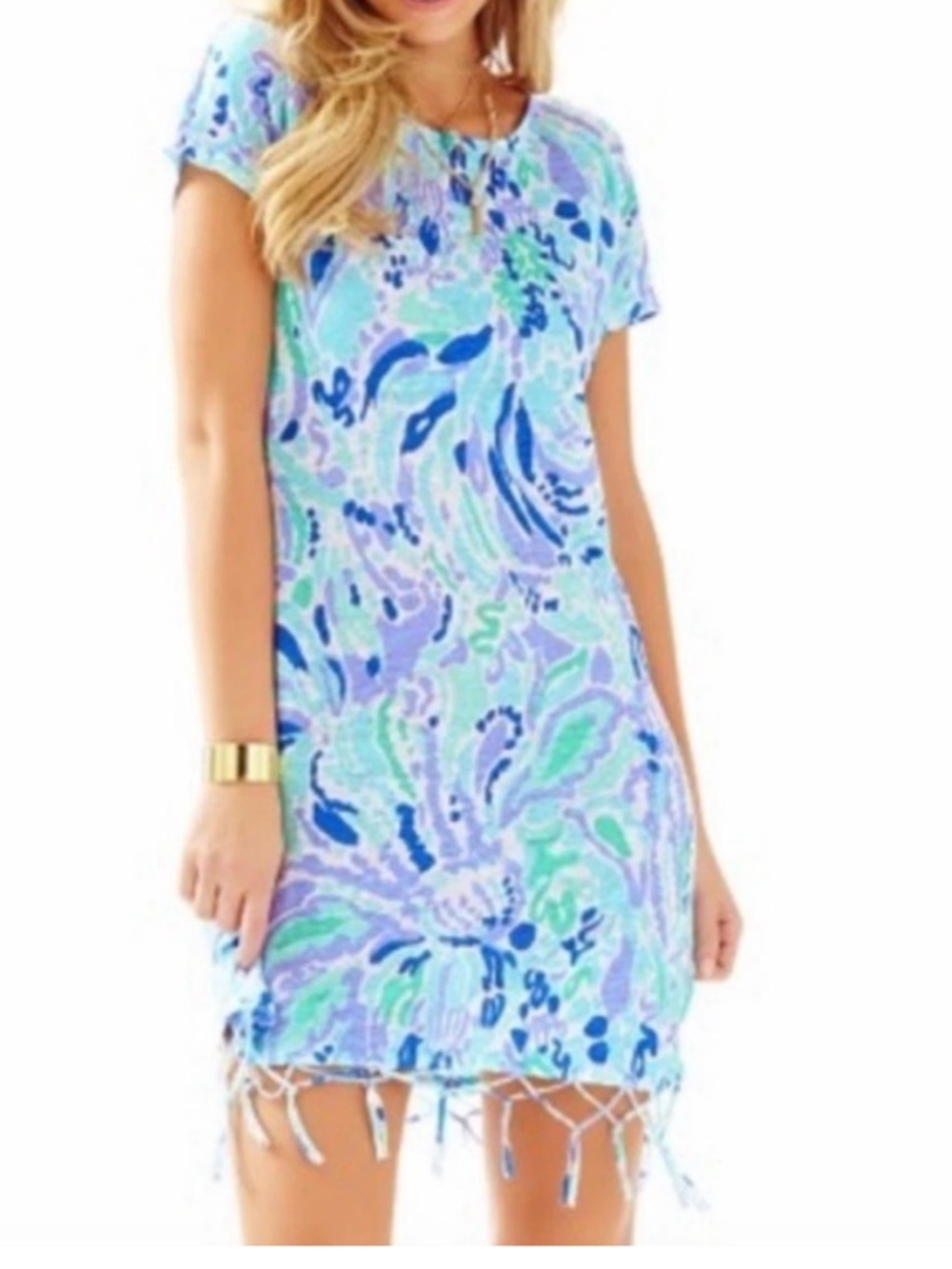 💙Lilly Pulitzer Green Blue Purple Beachcomber Linen Cover up Dress Fringe Hem💚